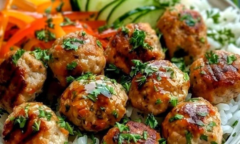 Asia Style Chicken Meatballs with Rice and Vegetables - ARAB-DATSH