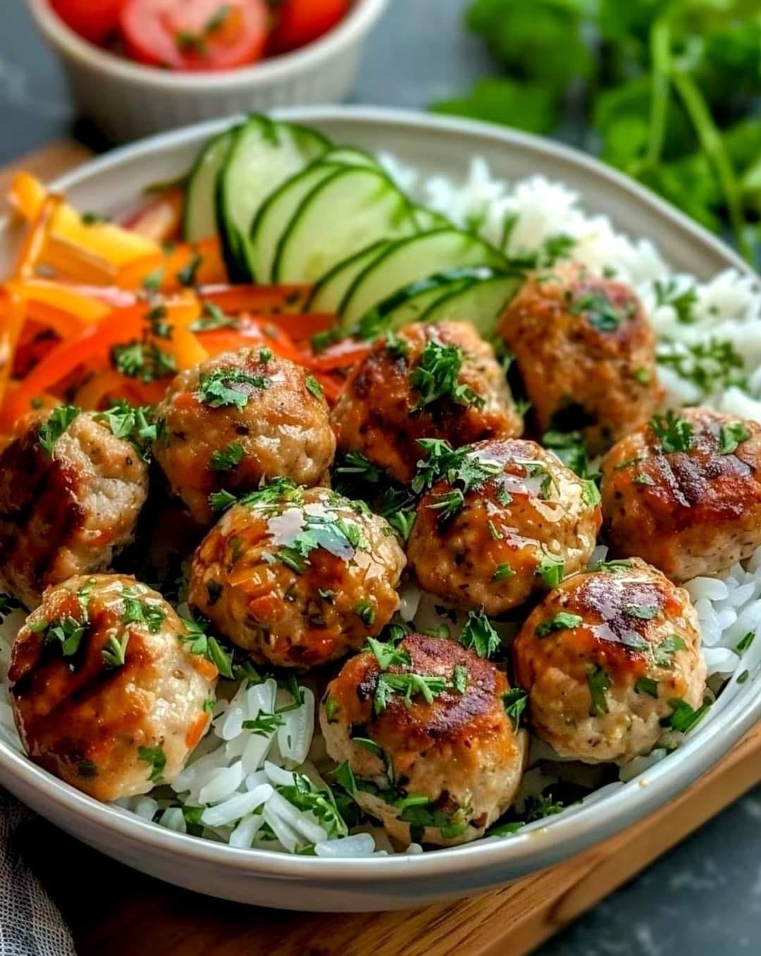 Asia Style Chicken Meatballs with Rice and Vegetables - ARAB-DATSH